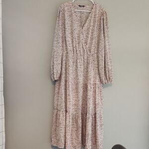 Neutral Cream Printed Long-Sleeve Maxi Dress